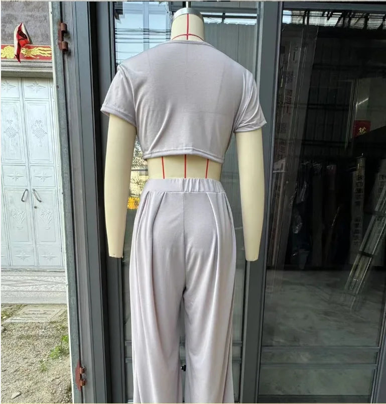 2025 Summer European and American Crew Neck Solid Color Sexy Wide-leg Pants Fashion Casual Set for Women