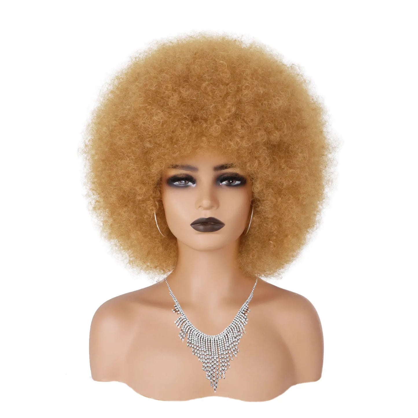 Synthetic Hair Afro Kinky Curly Blonde Wig For Women Mix Brown 70s Machine Made Huge With Bangs Short Bouncy For Daily Party Use