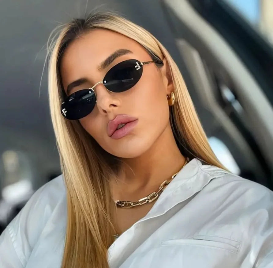Diamond Letter "F" Rimless Sunglasses Women Luxury Brand Metal Frame Black Small Oval Sun Glasses Unsiex Elegant Shades UV400