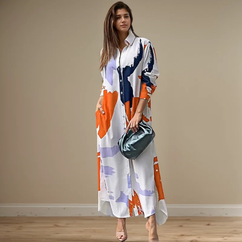 Fashion Sexy Side Split Turn Down Collar Shirt Long Dress Elegant Temperament Printed Long Sleeve Pocket Single Breasted Dress