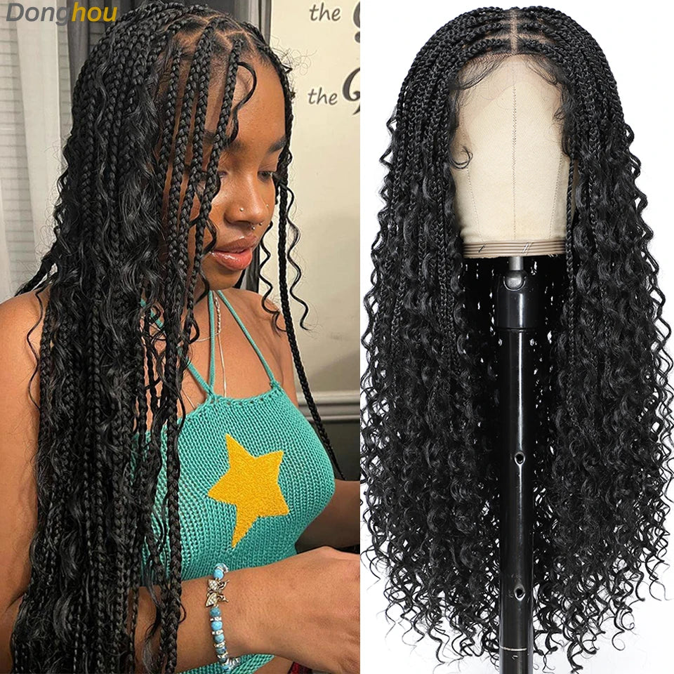 Boho Goddess Box Braid Wig with Baby Hair Lace Front Braided Wigs for Women Brown Hair Synthetic Blended Braids Wig Curly Hair