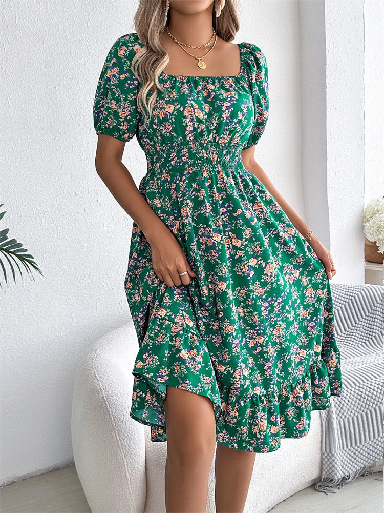 Spring Summer Square Collar Floral Mid-Length Dress Women's Casual Print A-Line Dress
