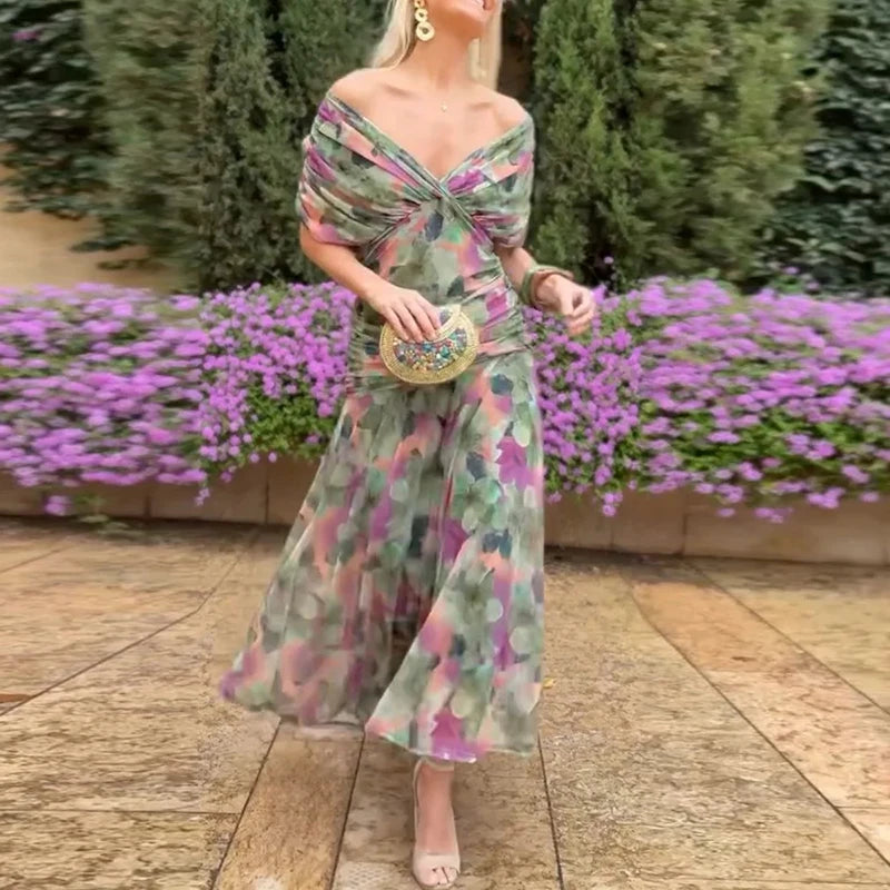 Elegant Woman Clothing Boho Floral Print High Waist Pleated Dress New Low Chest Batwing Sleeve Swing Party Cocktail A-Line Dress