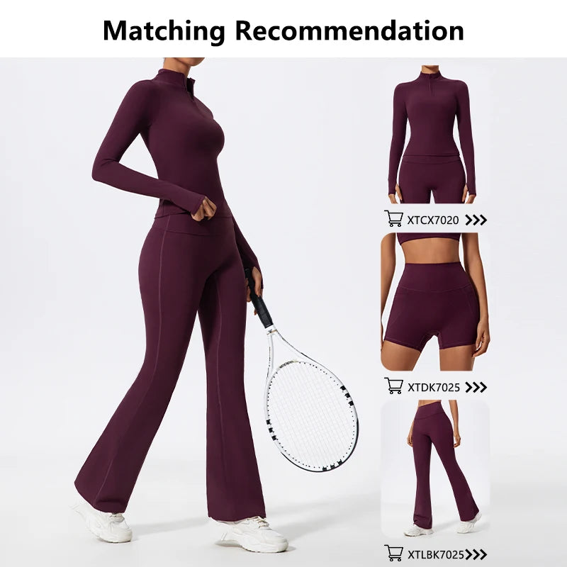 Hearuisavy Half Zipper Yoga Suit Outdoor Workout Clothing Casual Gym Set Women Flared Pants 2Pcs Sports Long Sleeves Shirt Suit