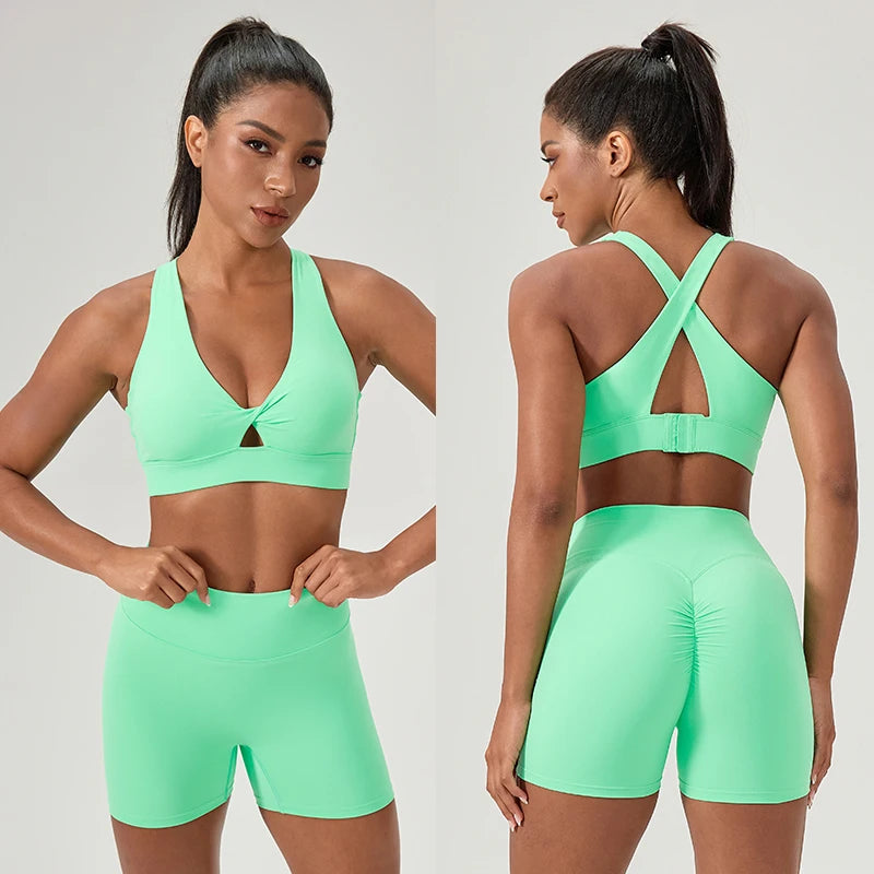 2 Pieces Women Yoga Set High Waist Elastic Running Shorts Bra Tops Gym Suit Summer Running Fitness Workout Clothes