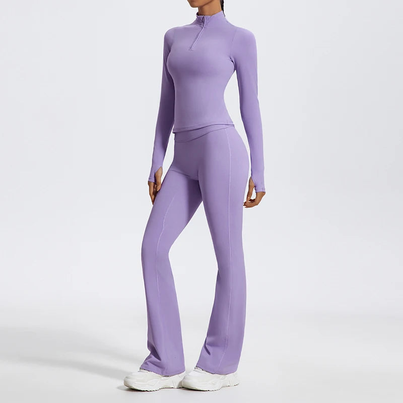 Hearuisavy Half Zipper Yoga Suit Outdoor Workout Clothing Casual Gym Set Women Flared Pants 2Pcs Sports Long Sleeves Shirt Suit