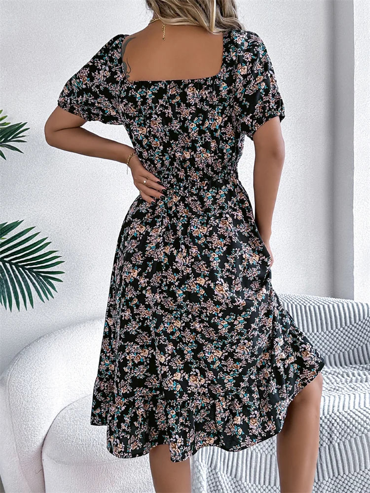 Spring Summer Square Collar Floral Mid-Length Dress Women's Casual Print A-Line Dress