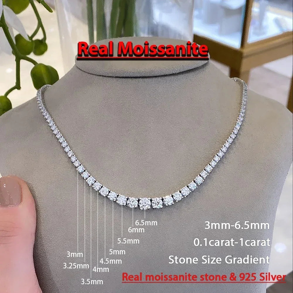 3-5mm Size Gradient Full Moissanite Diamond Tennis Necklace with Certificate 100% S925 Silver Choker Riviera Necklace for Women