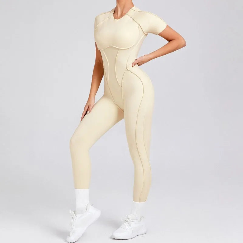 Seamless Yoga Jumpsuits Sports Fitness Hip-lifting Backless Short-sleeved One-piece Workout Gym Leggings Tracksuits for Women