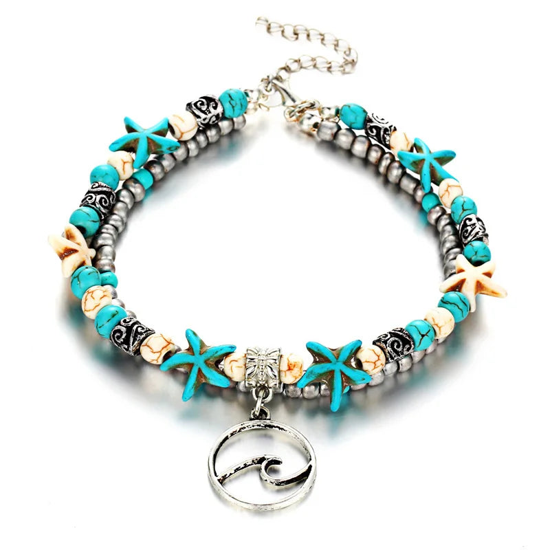 Boho Summer Beach Anklets For Women Turtle Shell Starfish Tree of Life Elephant Ankle Bracelet Multilayer Chain On Foot Jewelry