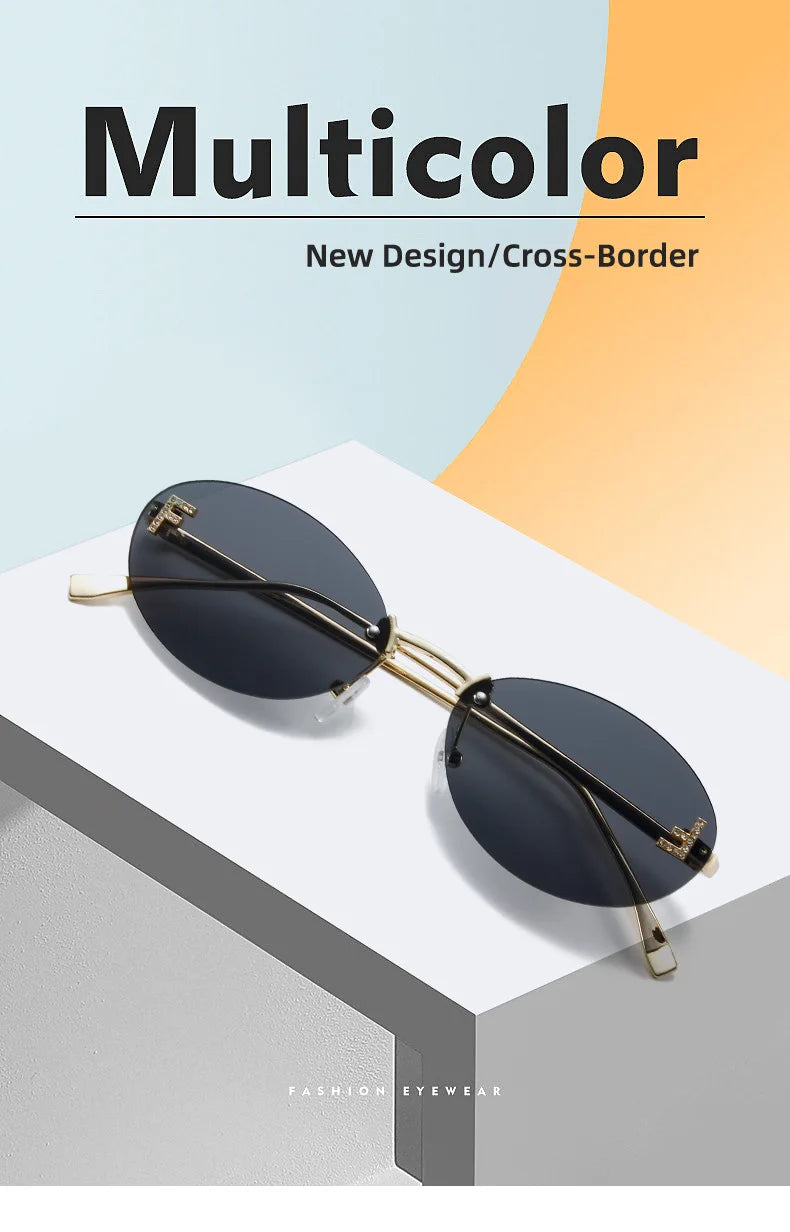 Diamond Letter "F" Rimless Sunglasses Women Luxury Brand Metal Frame Black Small Oval Sun Glasses Unsiex Elegant Shades UV400
