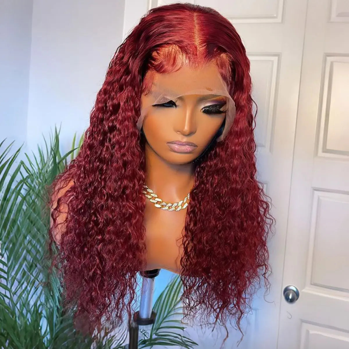 99J Red Burgundy Color Deep Wave 13X4 Lace Frontal Synthetic Wig For Women Natural Hairline Baby Hair Preplucked Bleach Knots
