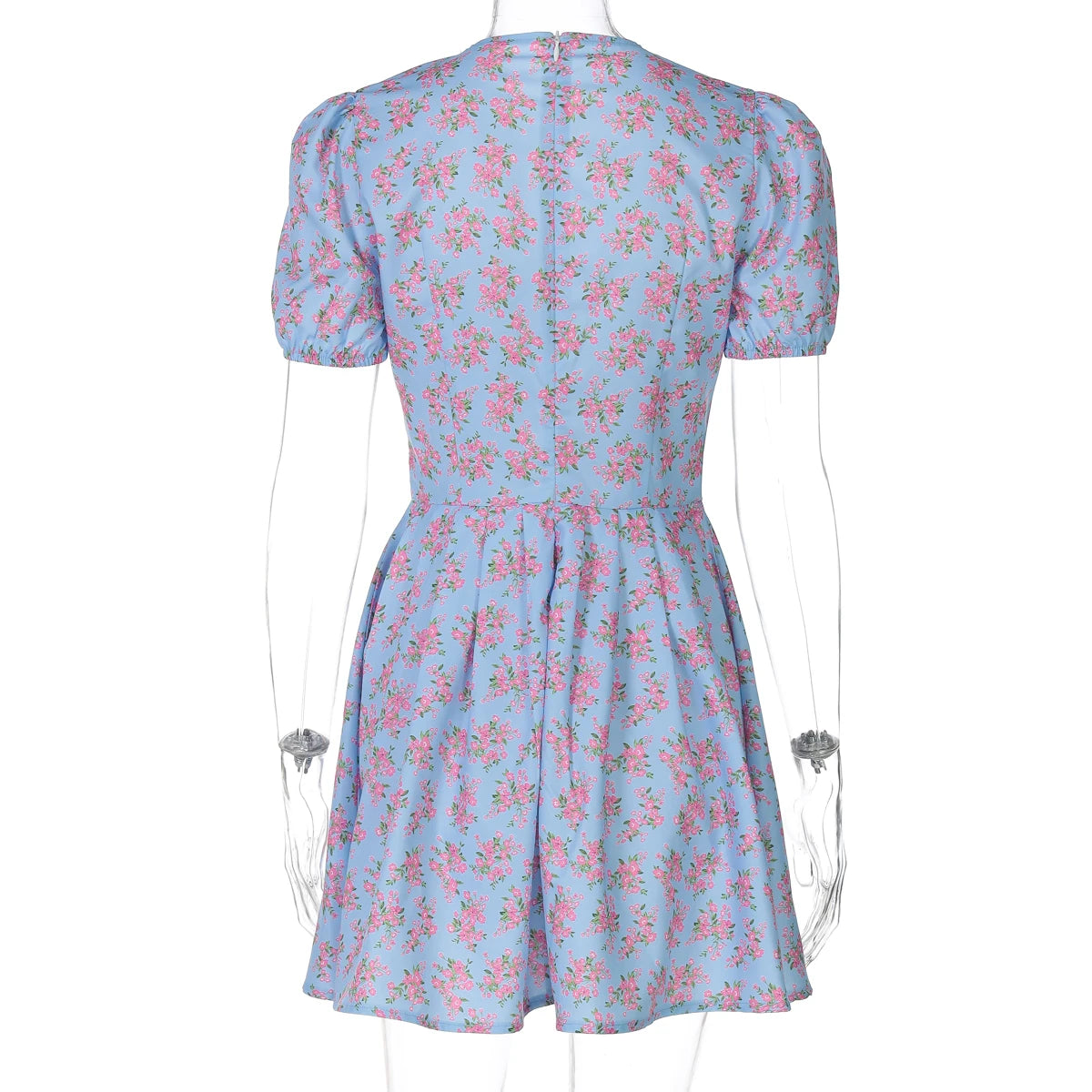 Hugcitar 2025 Floral Print V Neck Short Sleeve Lace Up Zip Up Sexy Slim Pleated Mini Dress Summer Elegant Outfits Party Vacation