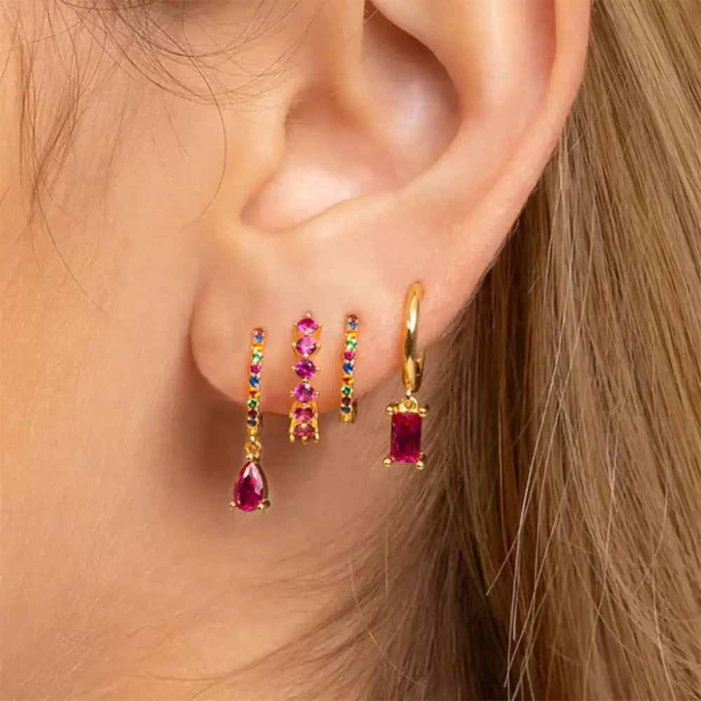 4pcs Korean Stainless Steel Zircon Water Drop Piercing Earrings Set For Women Simple Huggie Square Hoop Earring Fashion Jewelry