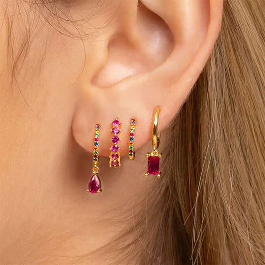 4pcs Korean Stainless Steel Zircon Water Drop Piercing Earrings Set For Women Simple Huggie Square Hoop Earring Fashion Jewelry