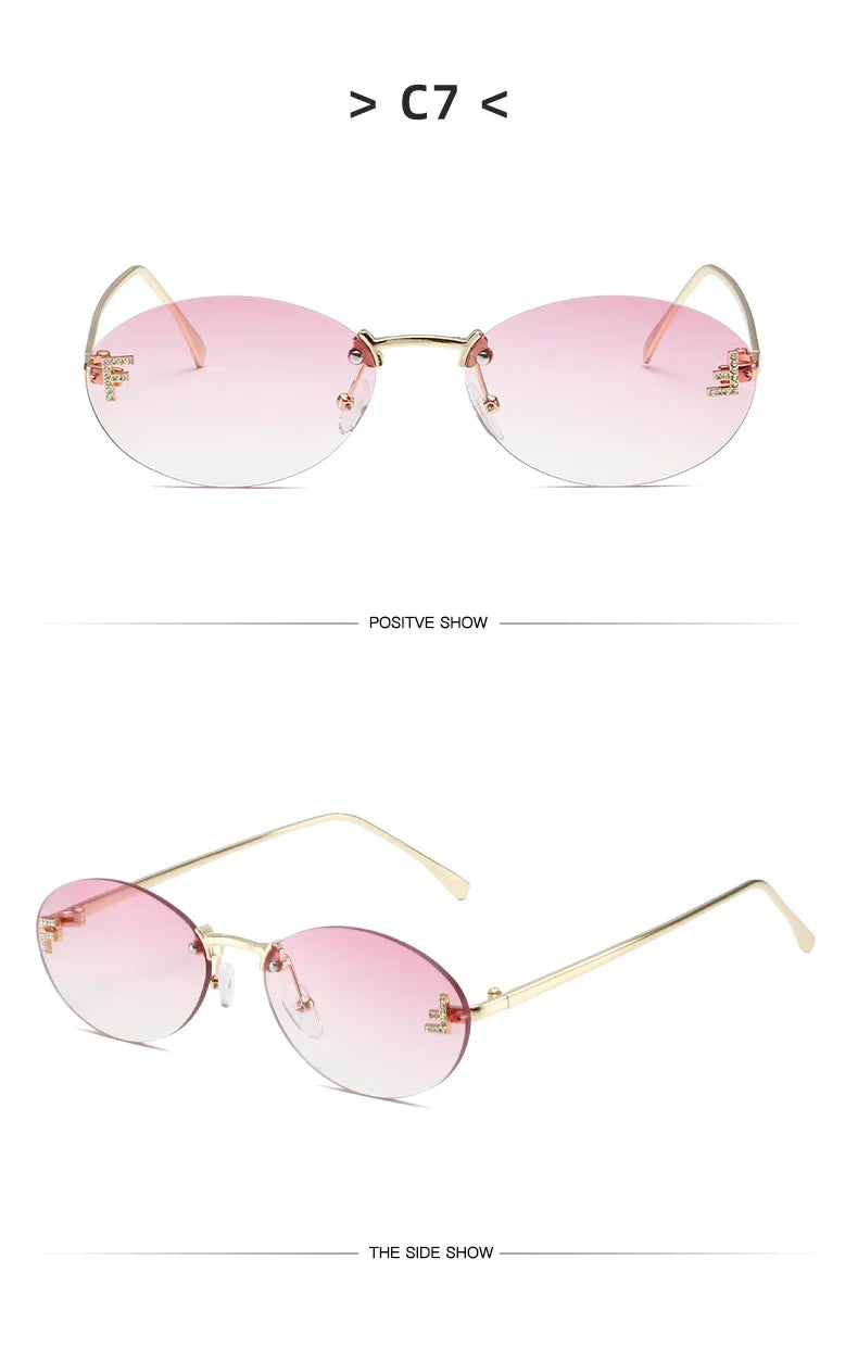 Diamond Letter "F" Rimless Sunglasses Women Luxury Brand Metal Frame Black Small Oval Sun Glasses Unsiex Elegant Shades UV400