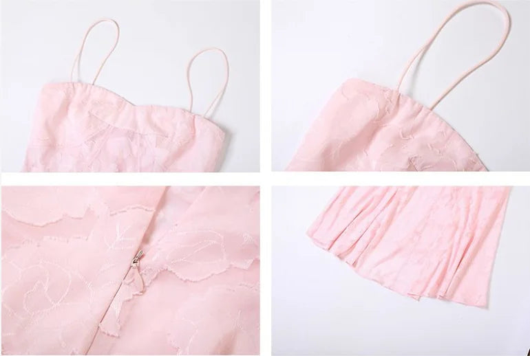 Laxsesu French romantic atmosphere pink jacquard camisole dress for women - elegant lightweight slim-fit hot girl maxi dress