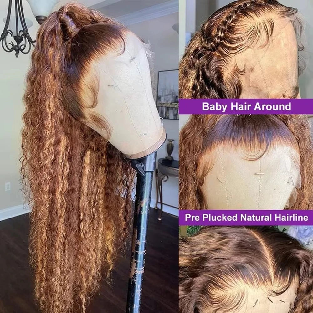 Water Wave 30 Inch Invisible Strap 360 Full Lace Front Wig Honey Blonde Highlight Deep Wave Frontal Wig Glueless Wig Human Hair