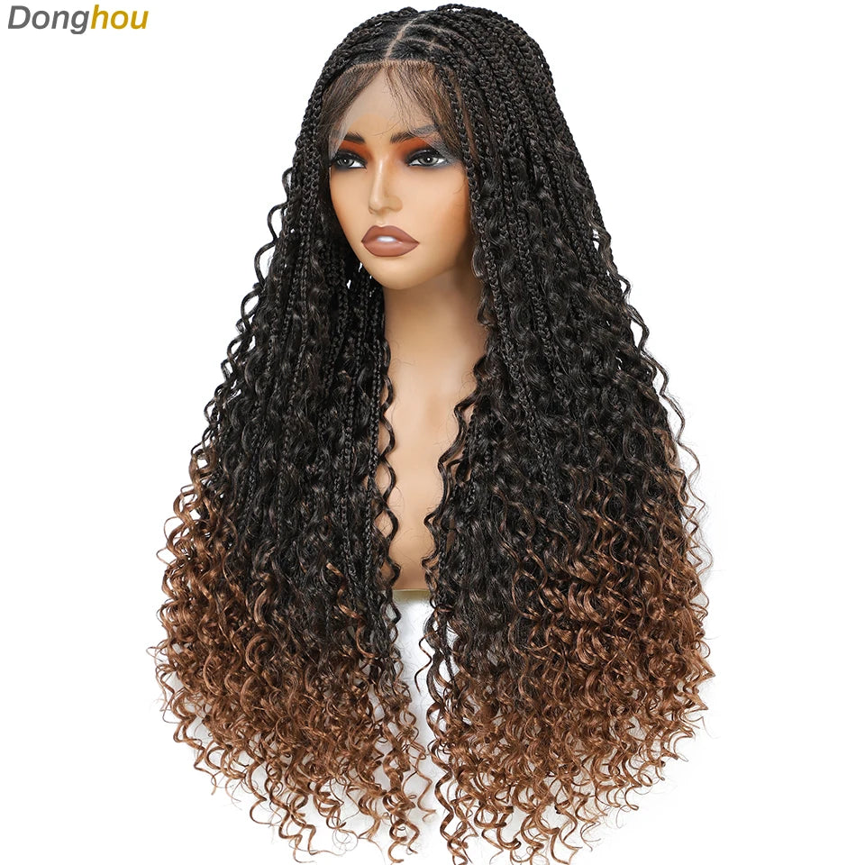 Boho Goddess Box Braid Wig with Baby Hair Lace Front Braided Wigs for Women Brown Hair Synthetic Blended Braids Wig Curly Hair