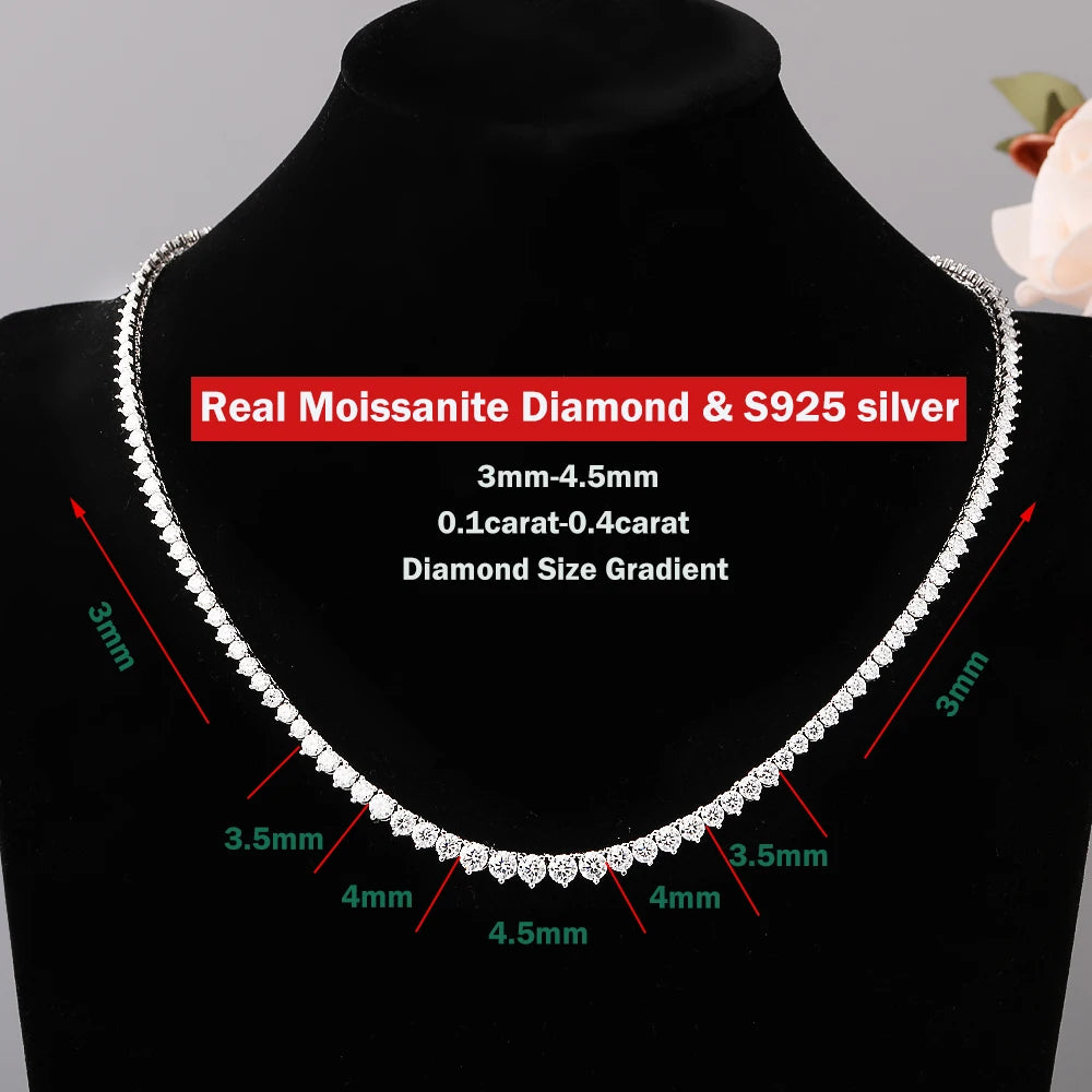 3-5mm Size Gradient Full Moissanite Diamond Tennis Necklace with Certificate 100% S925 Silver Choker Riviera Necklace for Women