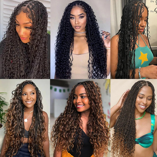 Boho Goddess Box Braid Wig with Baby Hair Lace Front Braided Wigs for Women Brown Hair Synthetic Blended Braids Wig Curly Hair