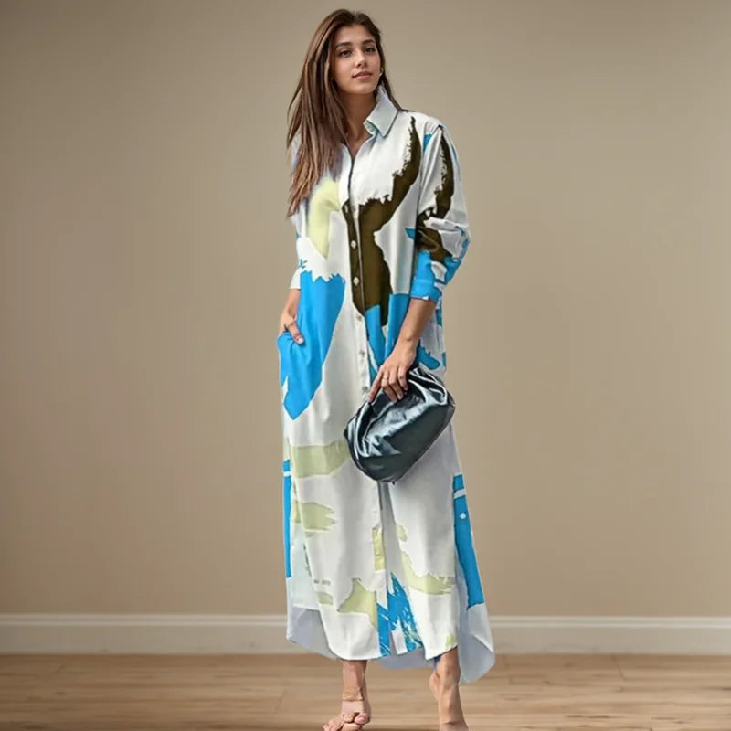 Fashion Sexy Side Split Turn Down Collar Shirt Long Dress Elegant Temperament Printed Long Sleeve Pocket Single Breasted Dress