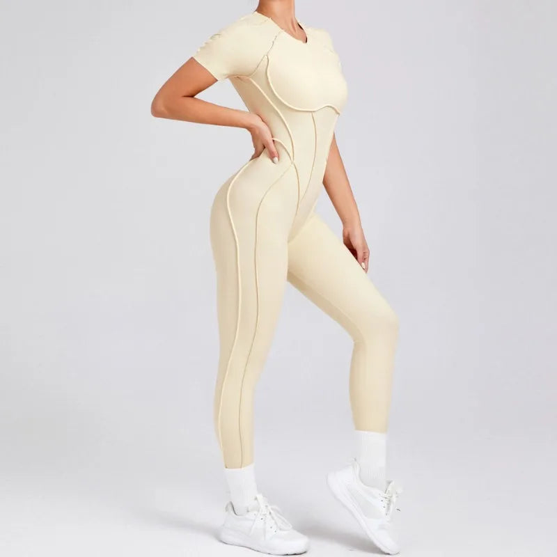 Seamless Yoga Jumpsuits Sports Fitness Hip-lifting Backless Short-sleeved One-piece Workout Gym Leggings Tracksuits for Women
