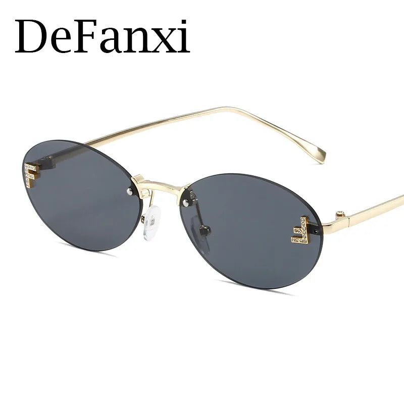 Diamond Letter "F" Rimless Sunglasses Women Luxury Brand Metal Frame Black Small Oval Sun Glasses Unsiex Elegant Shades UV400
