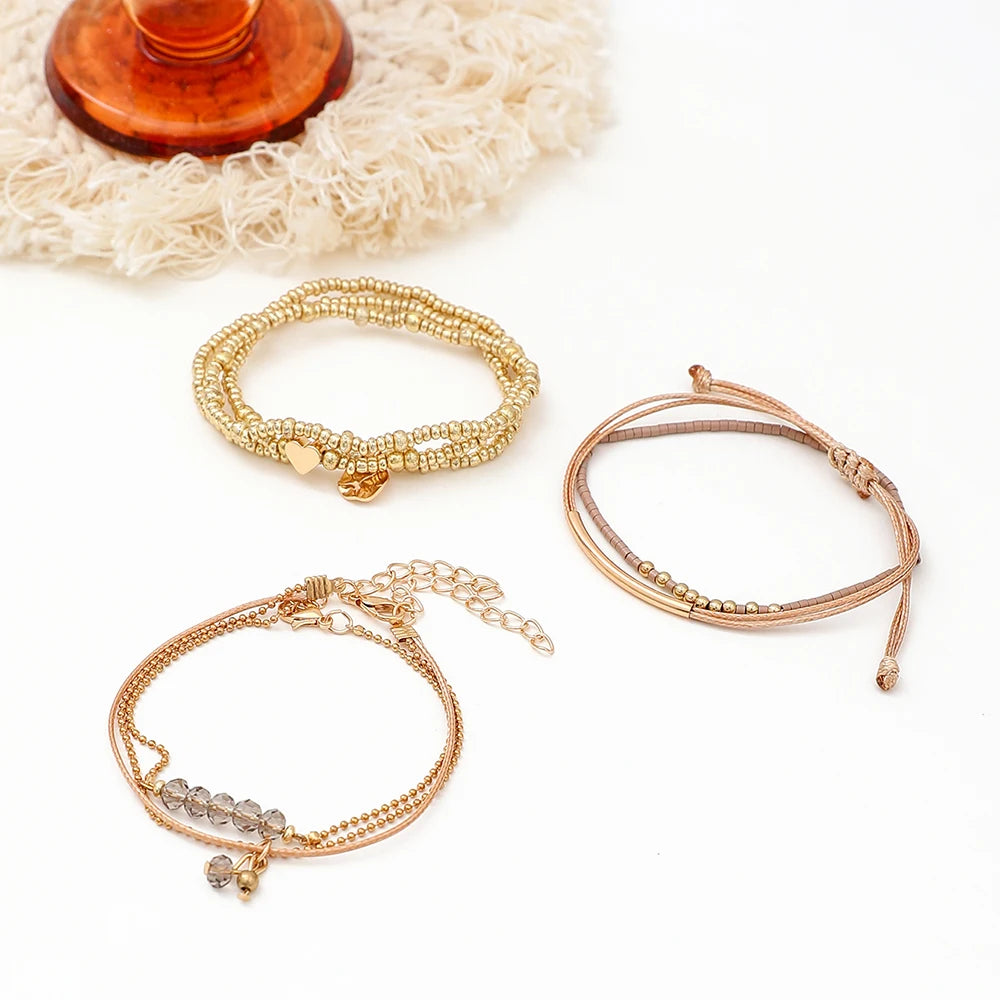 7Pcs/Set Bohemian Style Heart Beads Round Pendant Adjustable String Beads Bracelet CCB Elastic Bracelet Set For Women