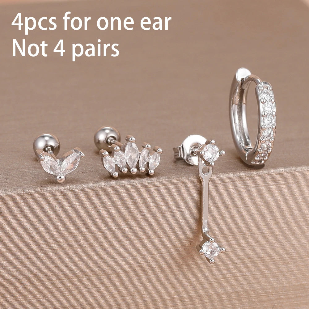 4pcs Korean Stainless Steel Zircon Water Drop Piercing Earrings Set For Women Simple Huggie Square Hoop Earring Fashion Jewelry
