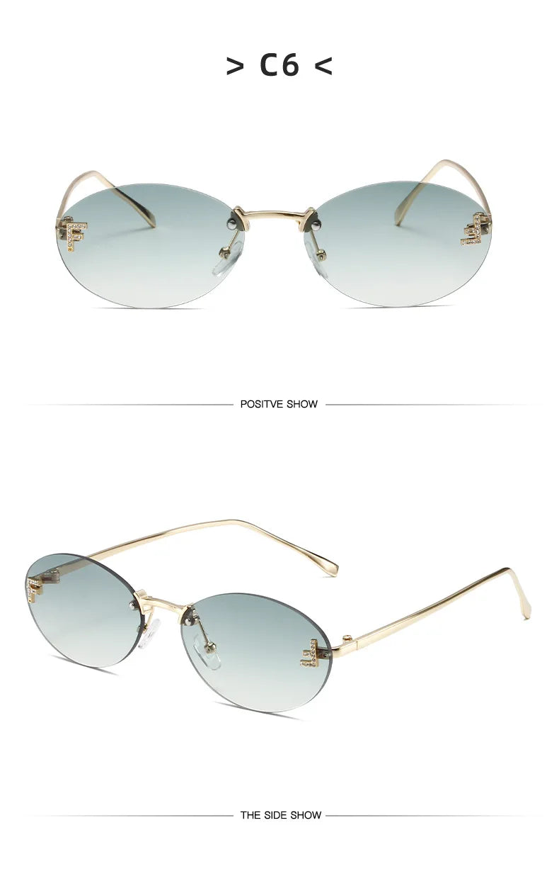 Diamond Letter "F" Rimless Sunglasses Women Luxury Brand Metal Frame Black Small Oval Sun Glasses Unsiex Elegant Shades UV400