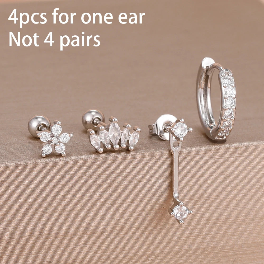 4pcs Korean Stainless Steel Zircon Water Drop Piercing Earrings Set For Women Simple Huggie Square Hoop Earring Fashion Jewelry